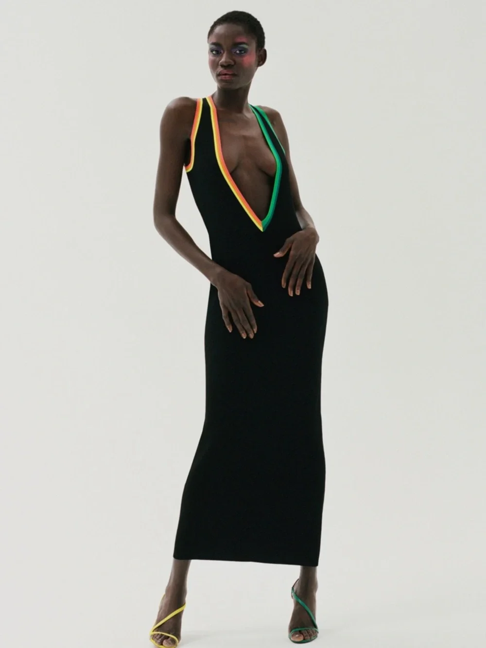 Christopher John Rogers Black Plunge Maxi Dress with Color-Trim - Picture 1 of 3
